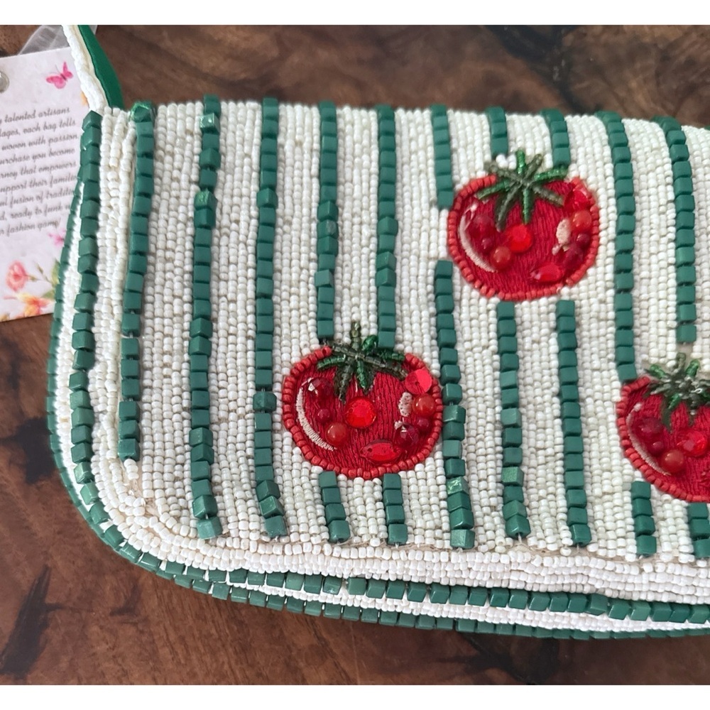 NWT Bead Appliqué Heirloom Tomato Girl Summer Green & White Striped Shoulder Bag - Picture 9 of 13